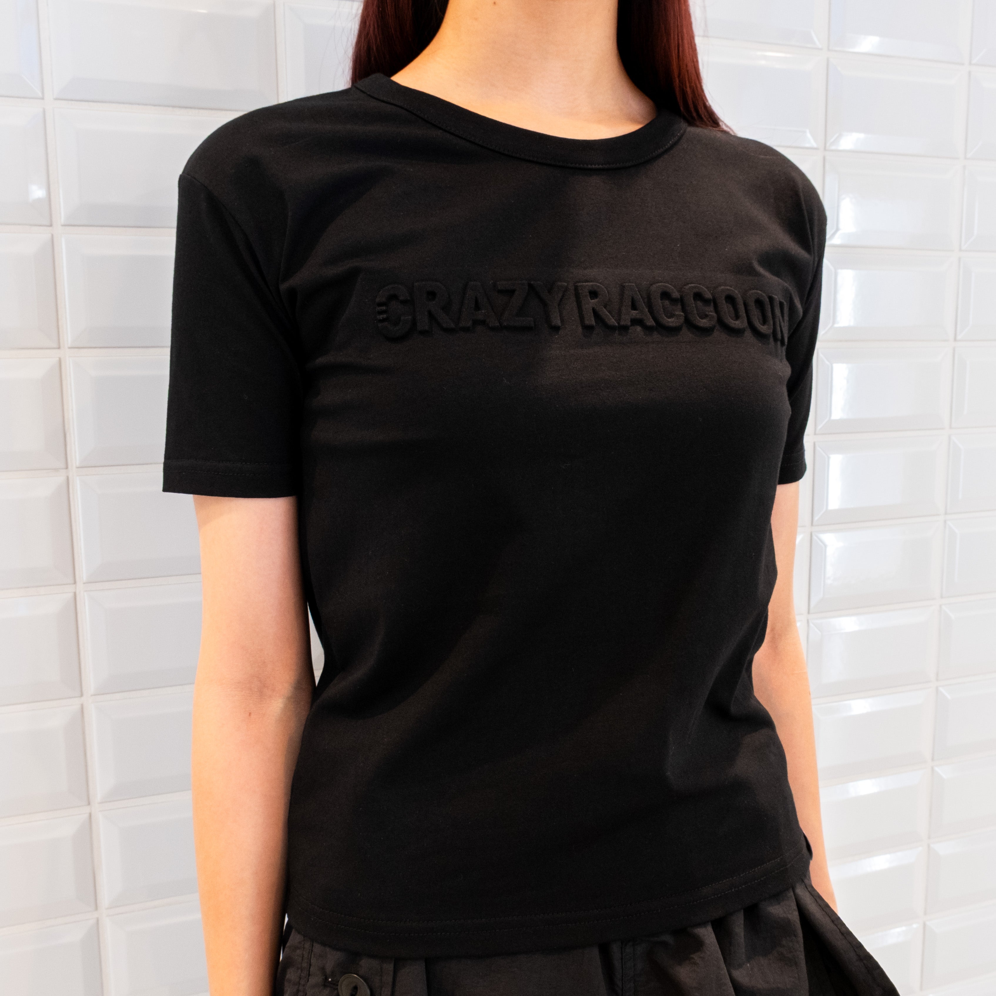 CRAZY RACCOON LOGO EMBOSS TIGHT TEE BLACK